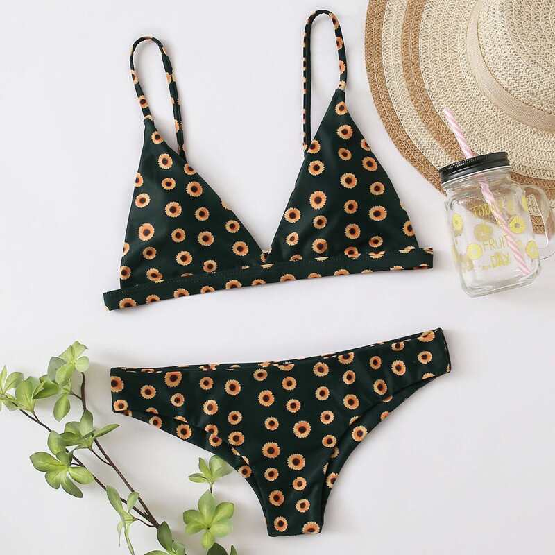 

Daisy Floral Triangle Bikini Swimsuit, Black