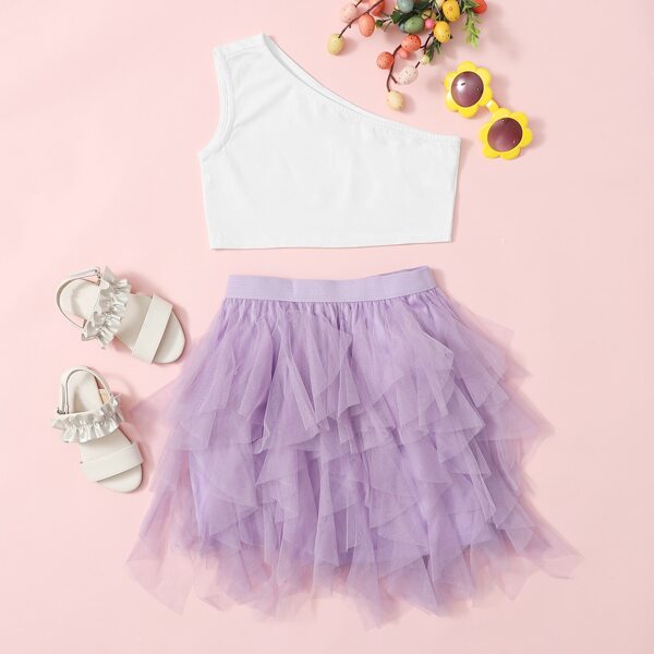 

Girls One Shoulder Top and Layered Mesh Skirt Set, Multicolor