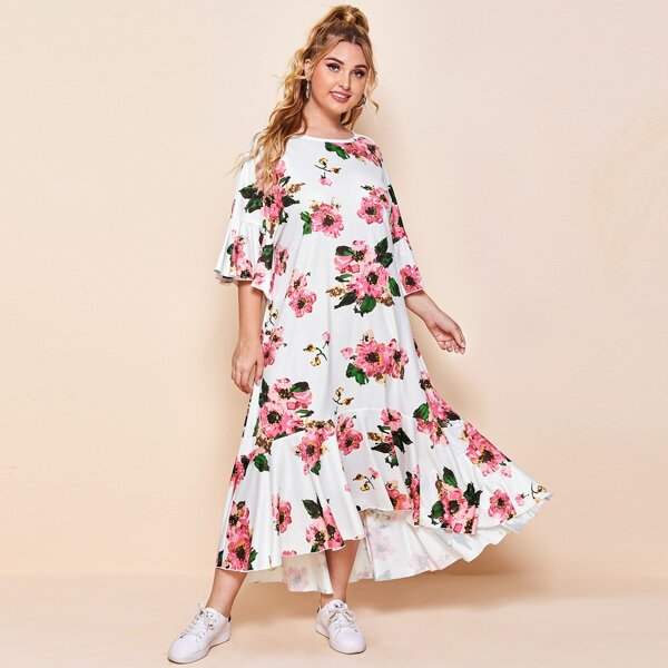 

Plus Ruffle Cuff and Hem High Low Floral Dress, White