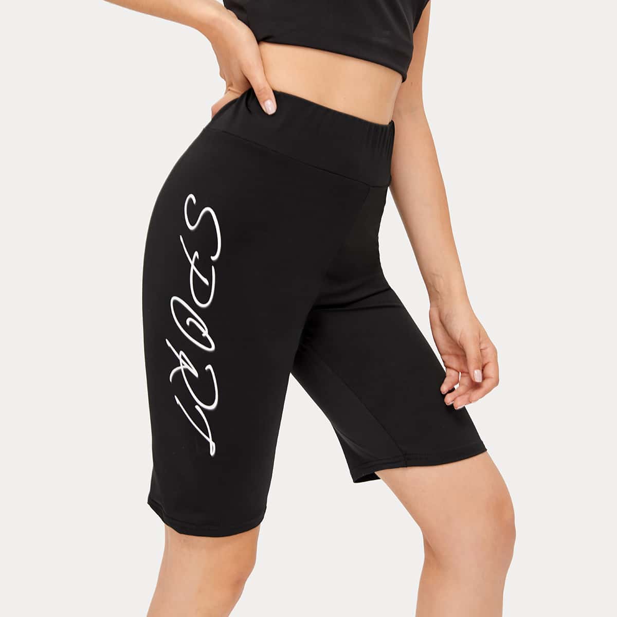 

Letter Print Biker Shorts, Black