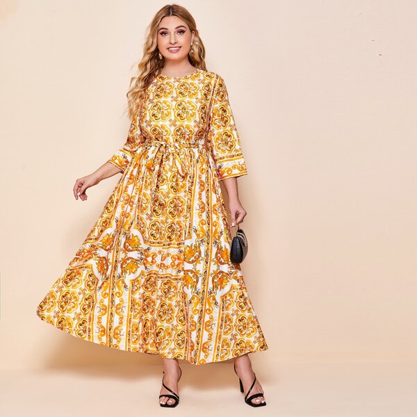 

Plus Baroque Print Self Belted Maxi Dress, Bright mustard yellow