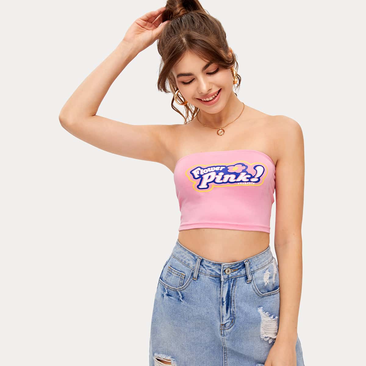 

Letter Graphic Crop Tube Top, Baby pink