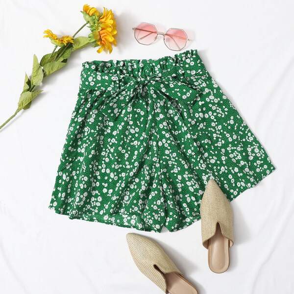 

Ditsy Floral Print Paperbag Waist Self Belted Shorts, Green