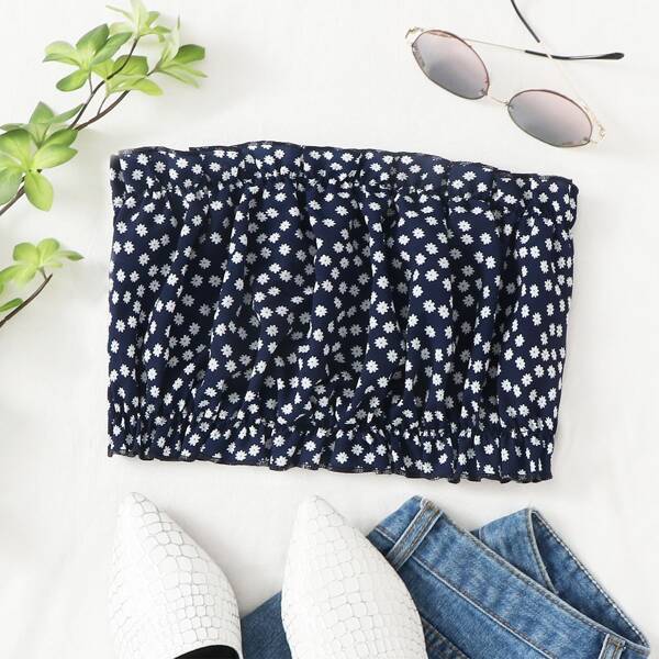 

Ditsy Floral Print Tube Top, Navy blue
