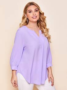 SHEIN LUNE Plus Notched Neck Curved Hem Top - Lilac Purple - View 1