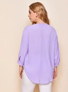 SHEIN LUNE Plus Notched Neck Curved Hem Top - Lilac Purple - View 2