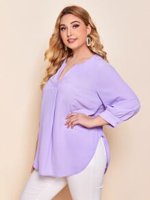 SHEIN LUNE Plus Notched Neck Curved Hem Top - Lilac Purple - View 4