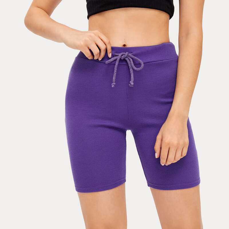 

Solid Drawstring Waist Biker Shorts, Violet purple
