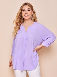 SHEIN LUNE Plus Notched Neck Curved Hem Top - Lilac Purple - View 5