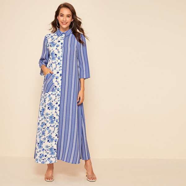 

Collared Pocket Patched Spliced Floral and Striped Dress, Blue