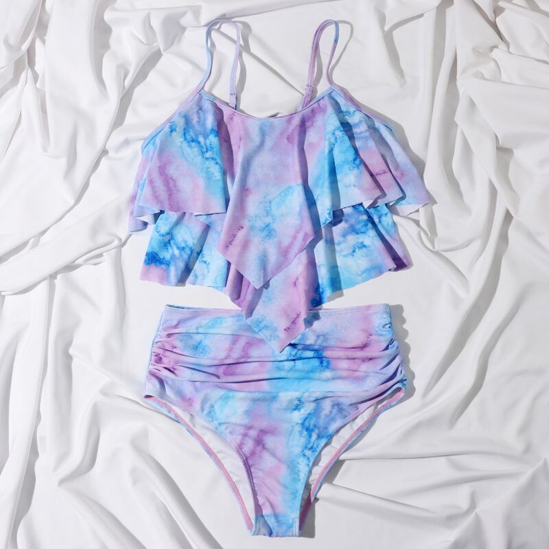 

Tie Dye Ruffle High Waisted Bikini Swimsuit, Multicolor