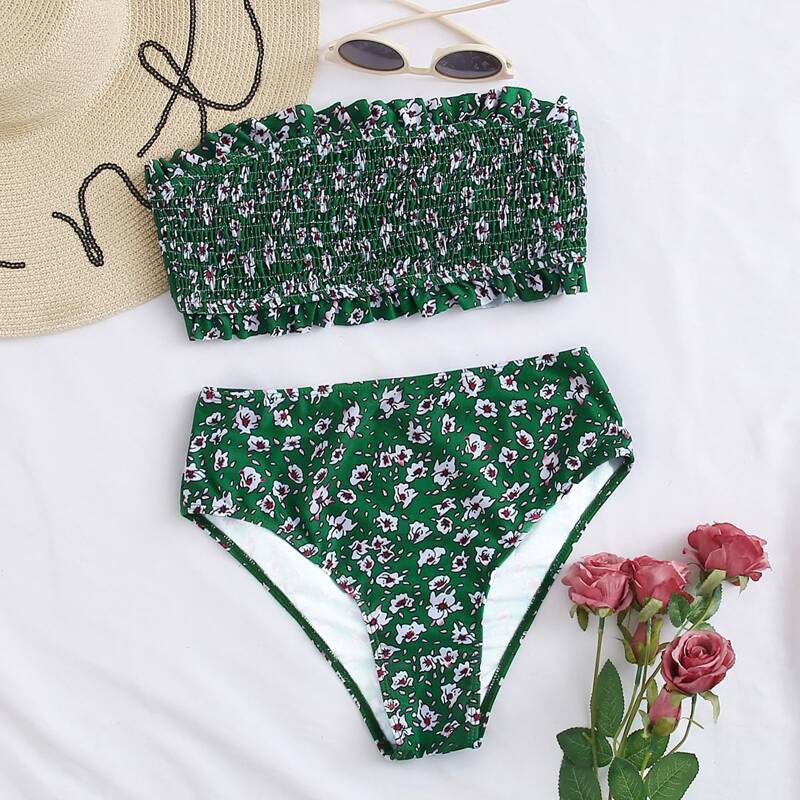 

Ditsy Floral Smocked High Waist Bikini Swimsuit, Dark green