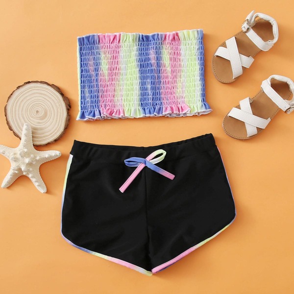 

Girls Tie Dye Smocked Frill Bandeau Bikini Swimsuit, Multicolor