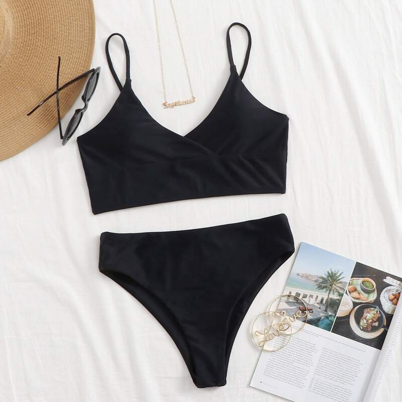 

Solid Wrap Cami Bikini Swimsuit, Black