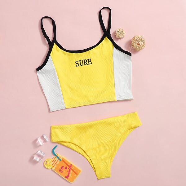 

Girls Letter Graphic Rib Bikini Swimsuit, Yellow bright
