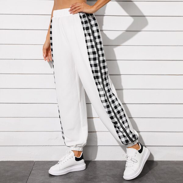 

Gingham Panel Zip Side Pants, White