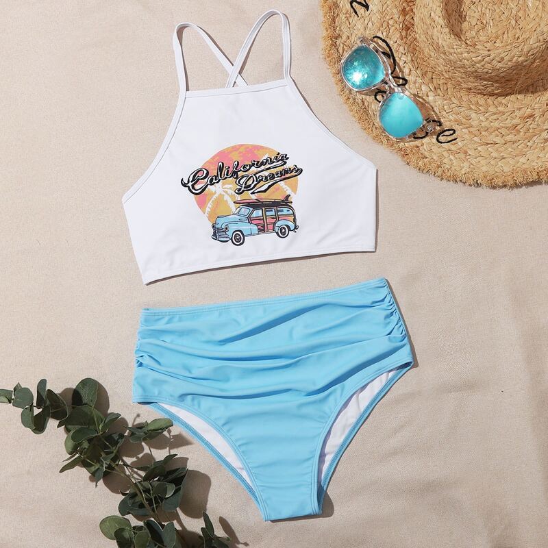 

Letter & Car Graphic Ruched High Waist Bikini Swimsuit, Blue and white