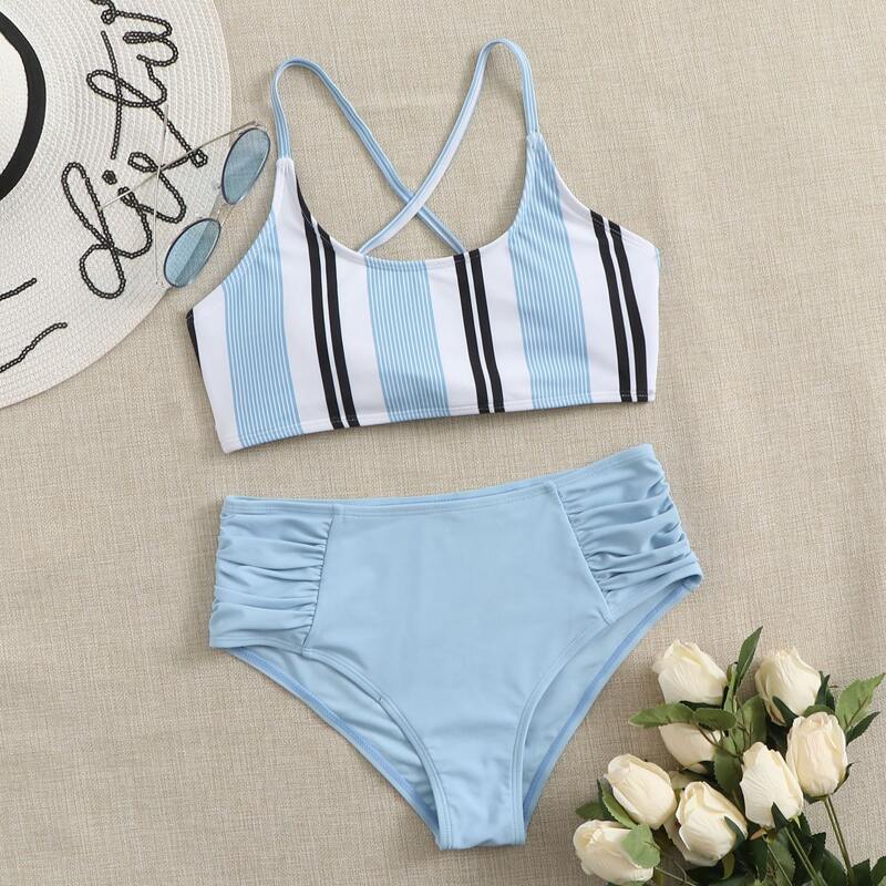 

Stripe Lace-up Back High Waist Bikini Swimsuit, Pastel baby blue