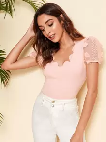 SHEIN Privé 貝殼邊領貼花袖上衣 - 淺粉色 - 查看 1