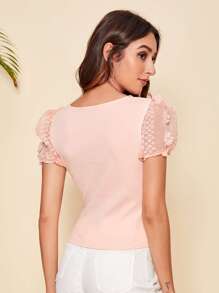SHEIN Privé 貝殼邊領貼花袖上衣 - 淺粉色 - 查看 2