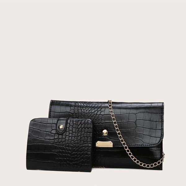 

2pcs Croc Embossed Bag Set, Black