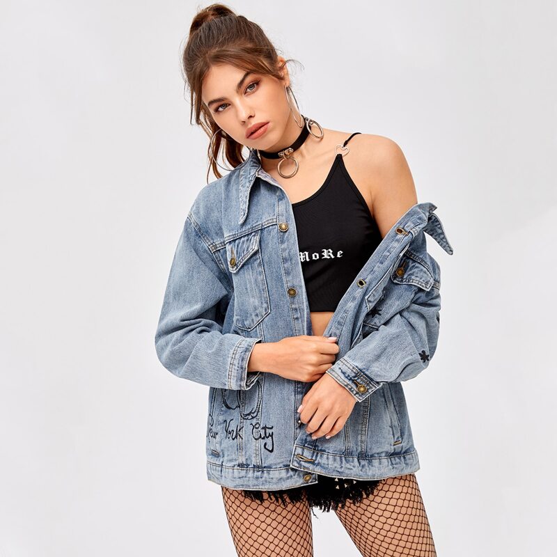 

Letter & Plants Graphic Trucker Denim Jacket, Light wash