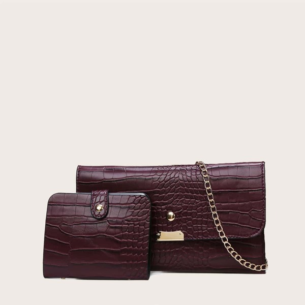 

2pcs Croc Embossed Bag Set, Burgundy