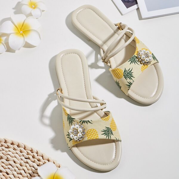 

Faux Pearl Decor Pineapple Graphic Slide Sandals, Beige