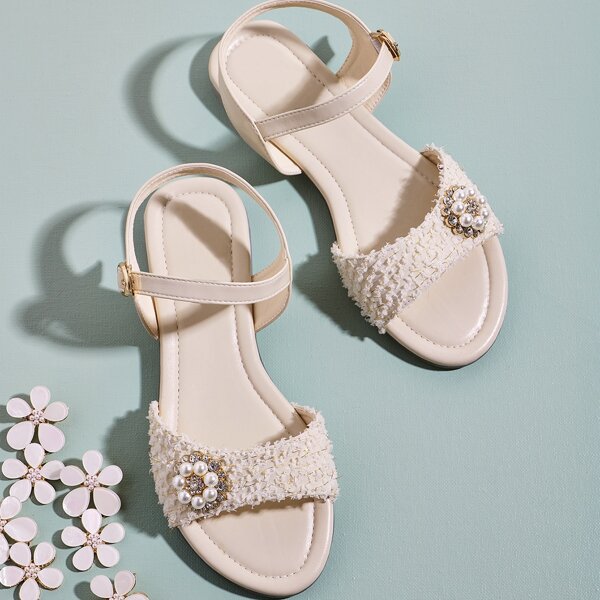

Faux Pearl Decor Ankle Strap Sandals, Beige