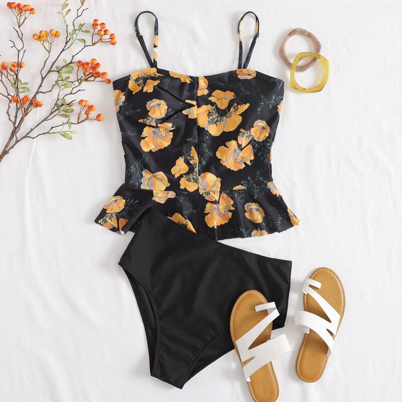 

Floral Ruffle Hem High Waisted Bikini Swimsuit, Black