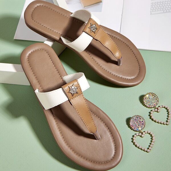 

Toe Post Rhinestone Decor Slide Sandals, Brown