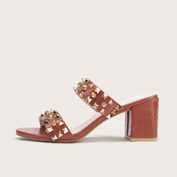 

Studded Decor Croc Embossed Heeled Sandal Mules, Brown