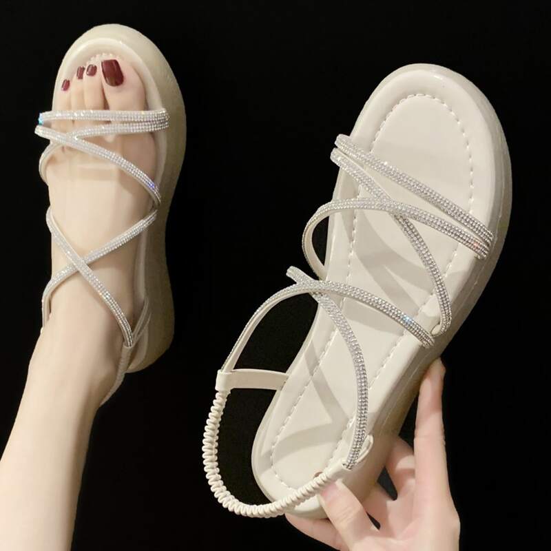 

Rhinestone Strap Slingback Sandals, Beige pastel