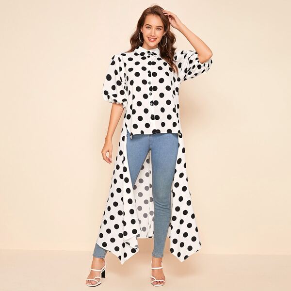 

Collared Puff Sleeve Buttoned Front Polka Dot High Low Maxi Blouse, White
