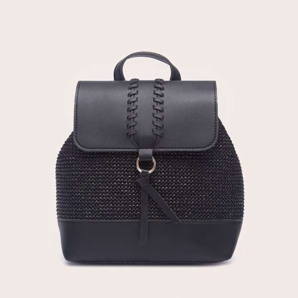 

Woven Detail Flap Backpack, Black