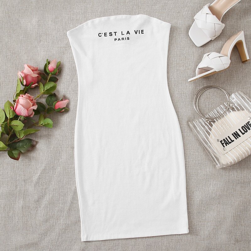 

Letter Graphic Rib Tube Dress, White
