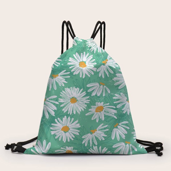 

Daisy Print Drawstring Backpack, Green