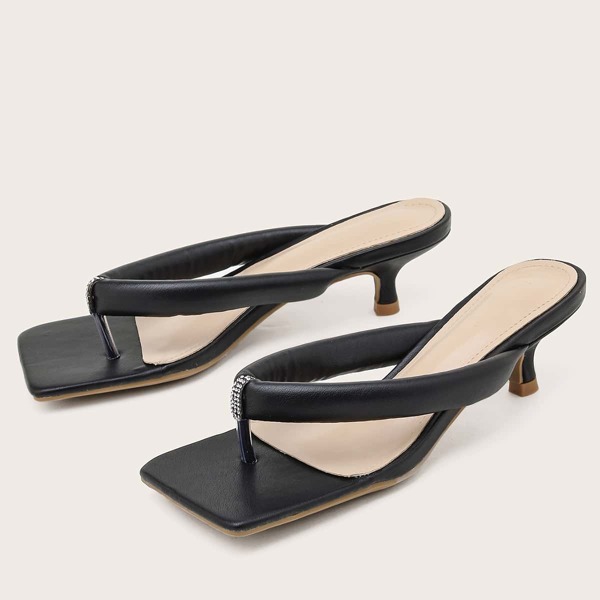 

Toe Post Rhinestone Decor Heeled Sandal Mules, Black