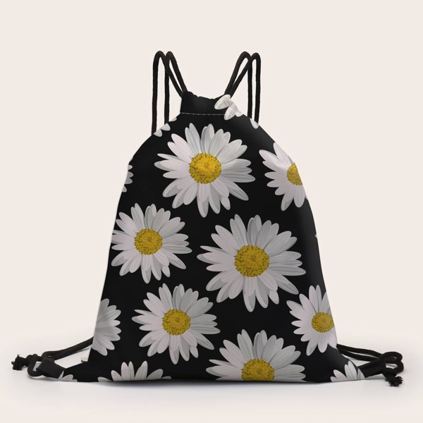

Daisy Print Drawstring Backpack, Black