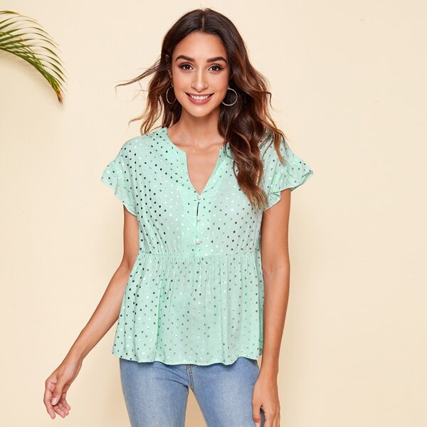 

Polka Dot Print Button Front Blouse, Mint green