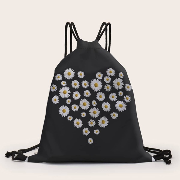 

Daisy Print Drawstring Backpack, Black