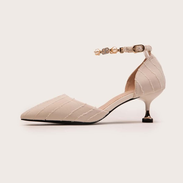 

Point Toe Faux Pearl Decor Ankle Strap Pumps, Apricot