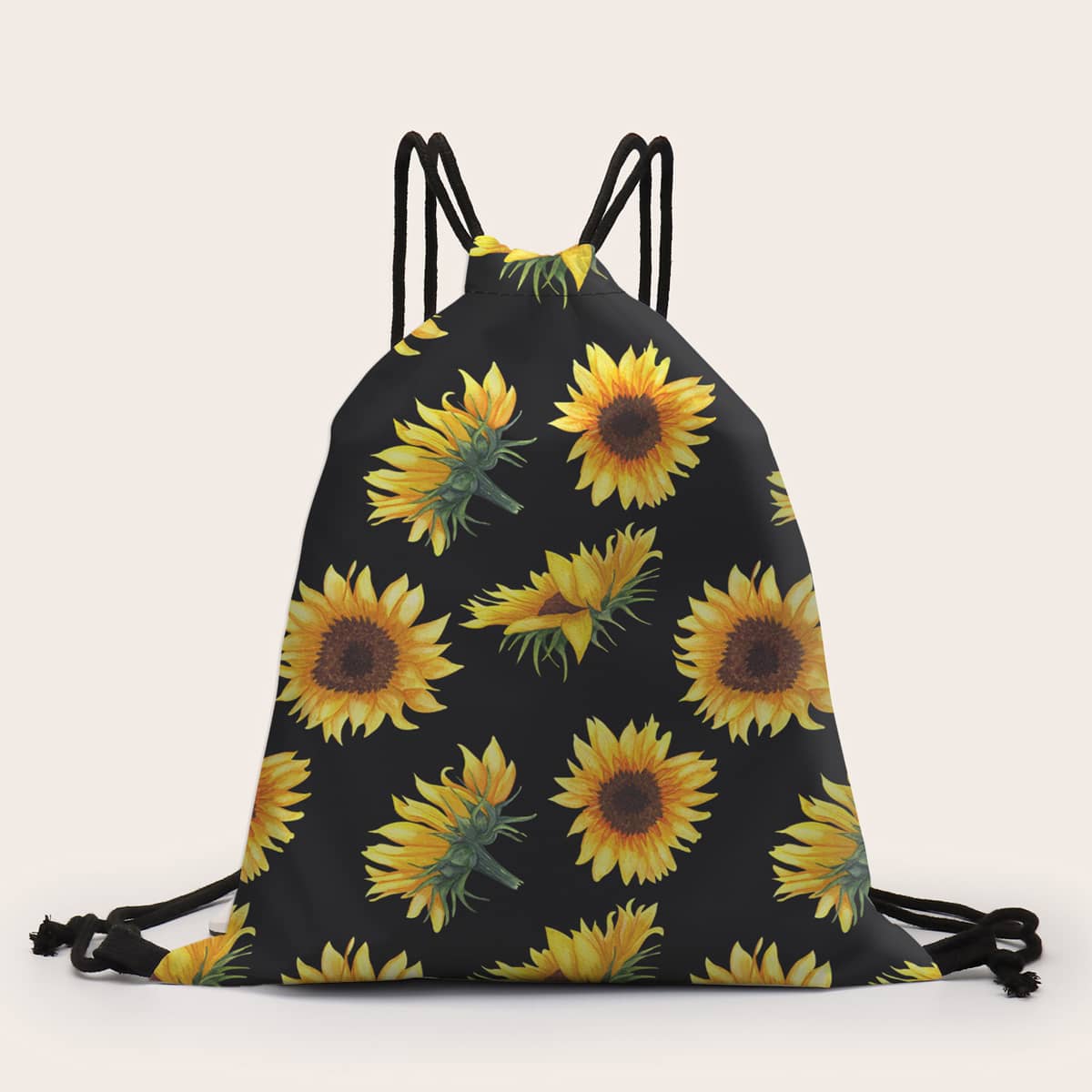 

Sunflower Print Drawstring Backpack, Black