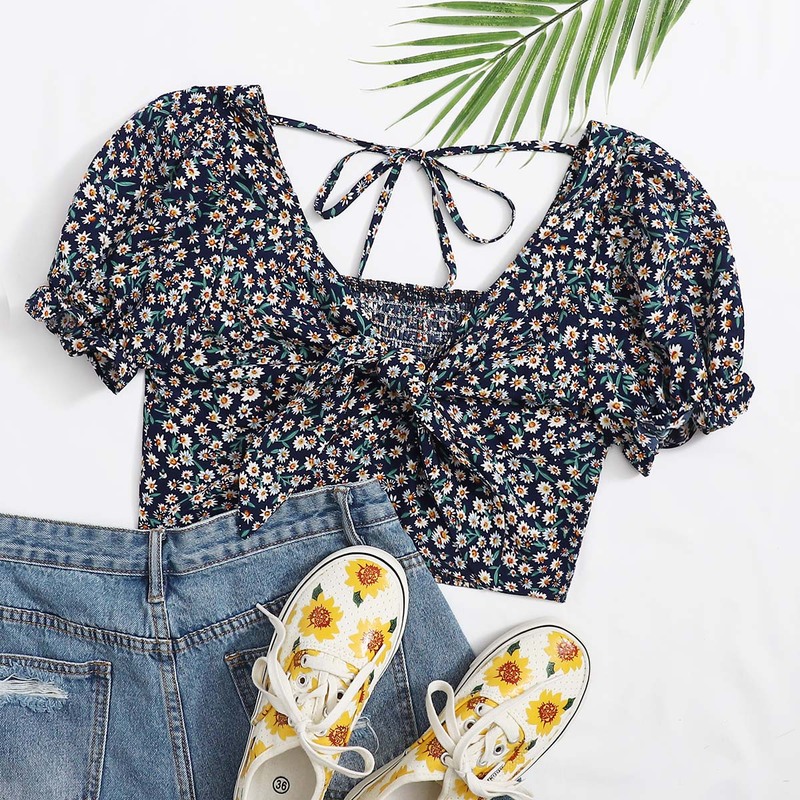 

Knot Front Tie Back Shirred Panel Daisy Floral Top, Multicolor