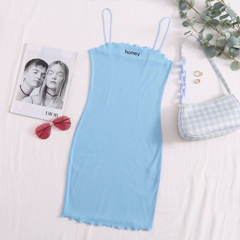 

Lettuce Trim Letter Embroidery Slip Dress, Baby blue