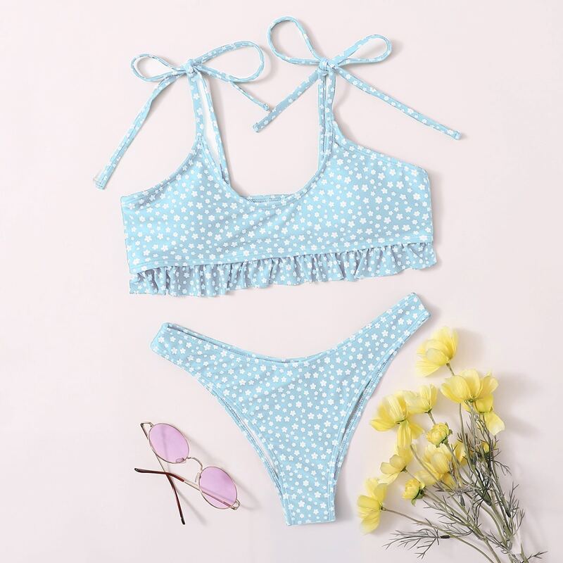 

Ditsy Floral Ruffle Hem High Cut Bikini Swimsuit, Pastel baby blue