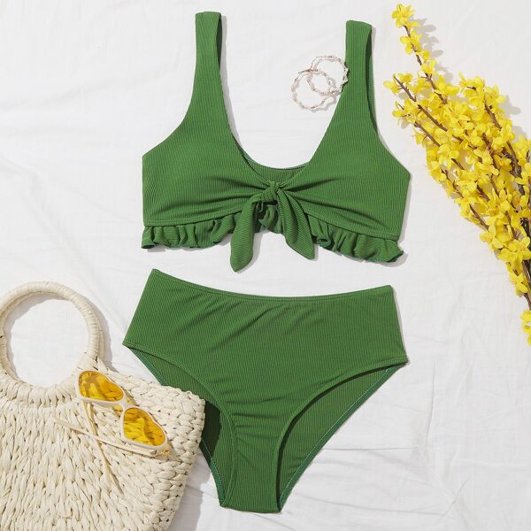

Rib Knot Front Ruffle Hem High Waisted Bikini Swimsuit, Dark green