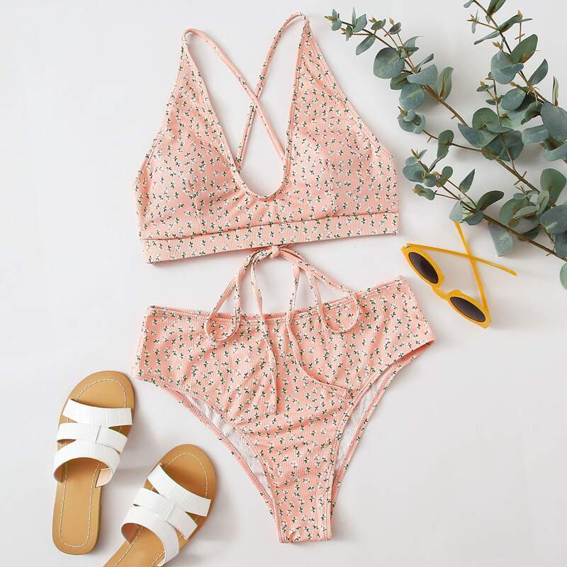 

Ditsy Floral Rib High Waisted Bikini Swimsuit, Pastel baby pink