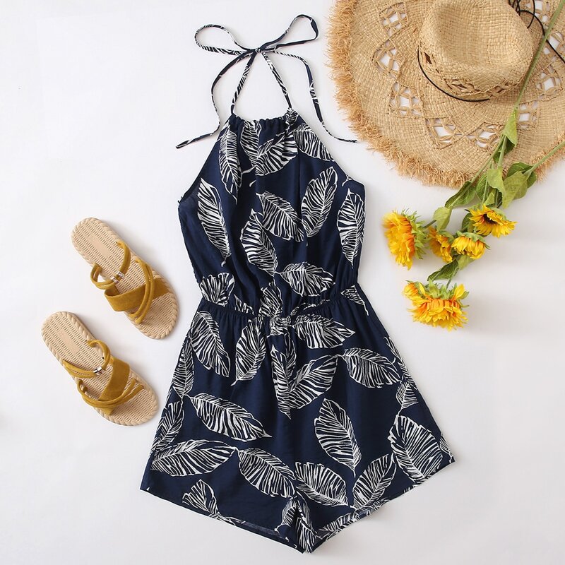 

Tie Back Tropical Print Halter Romper, Navy blue