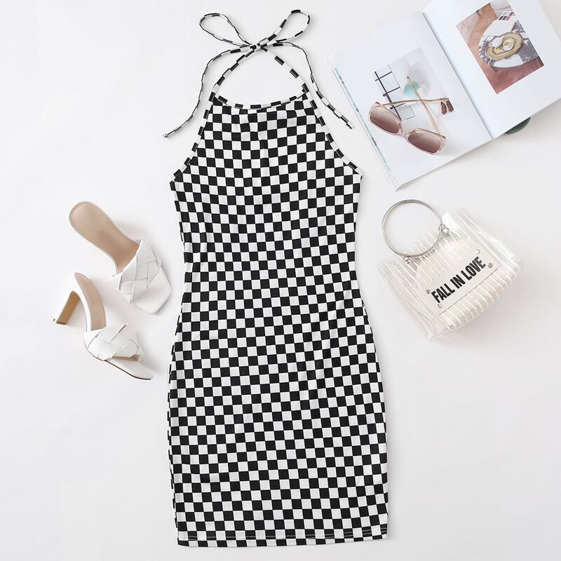 

Tie Back Checkered Dress, Black and white